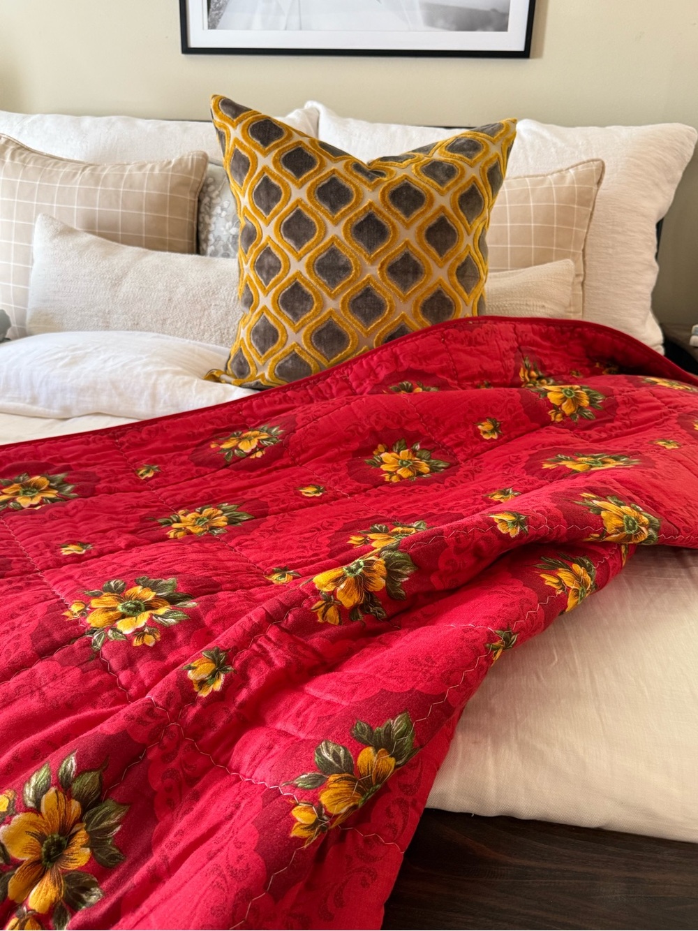 Anthropologie Red Quilted slightly weighted Throw with Yellow Floral Accents